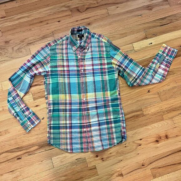 J crew cotton summer plaid button‎ down long sleeve shirt small wedding green - Picture 1 of 9